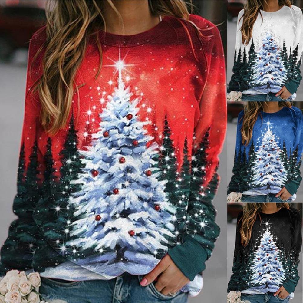 Women Christmas Sweatshirt Xmas Tree Print Shirt Blouse-elleschic