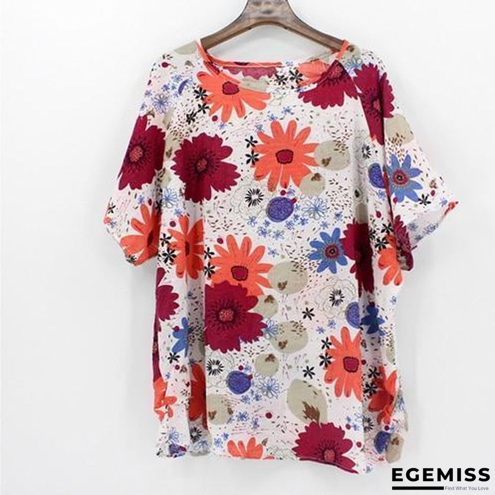 4XL Plus Size Women Batwing Casual Tops Tees Floral Print Cotton Linen Blouses | EGEMISS