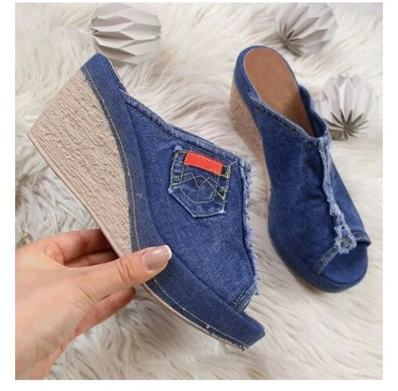 Comemore New Female Shoes Denim Platform Wedges High Heel Women Sandals Woman Summer Wedge New 2022 Ladies Spring Slippers Black
