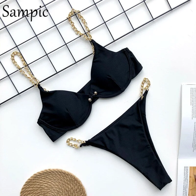 Sampic Sexy Black White Push Up Women Chain Straps Bikini Set Beach Wear Swimsuit Brazilian Swimwear Bathing Suit Bikinis 2020