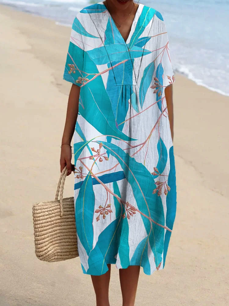 Simple And Stylish Leaves Printed Women's Casual Cotton And Linen
