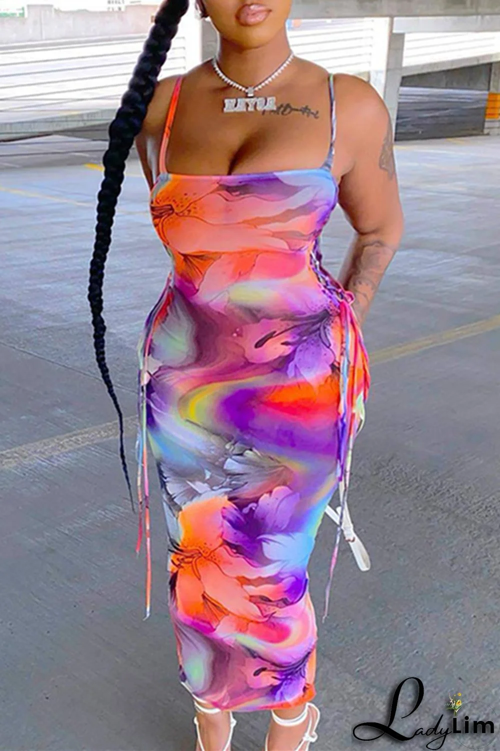 Colour Fashion Sexy Print Bandage Backless Spaghetti Strap Long Dress Dresses