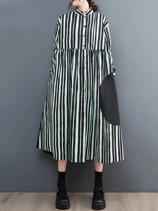 Long Sleeves Loose Buttoned Split-Joint Striped Mock Neck Midi Dresses