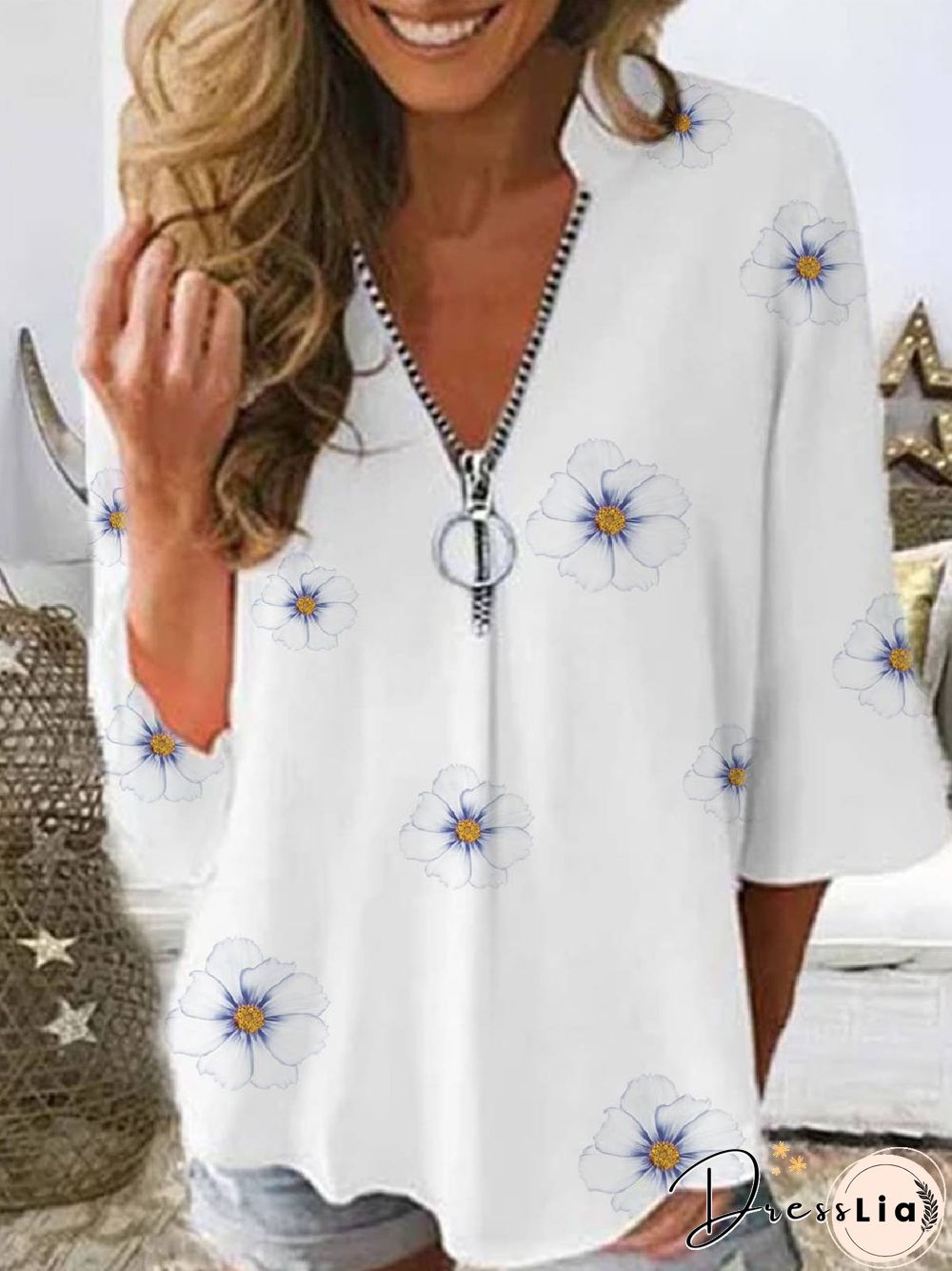 Floral-Print Half Sleeve Casual V Neck Tops