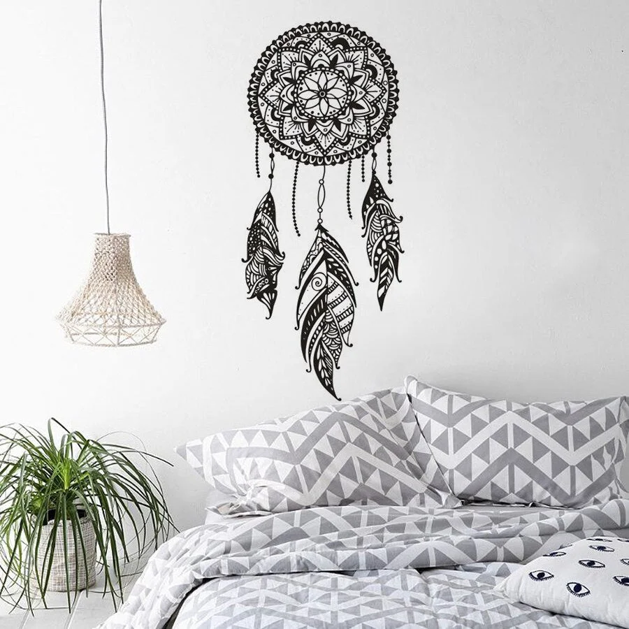Dreamcatcher Vinyl Wall Sticker Indian Pattern Decor For Bedroom Mandala Bohemian Vinyl Wall Decal Dream Feathers Mural AZ126