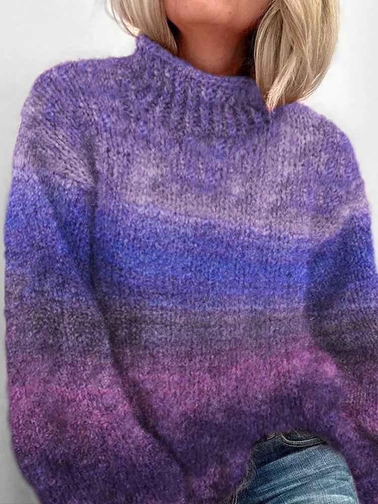 Classy Purple Gradient Fuzzy Cozy Knit Turtleneck Sweater