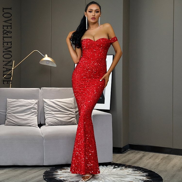 Sexy Strapless Red Sequin Bodycon Fishtail Party Maxi Dress LM81343-7 - BlackFridayBuys