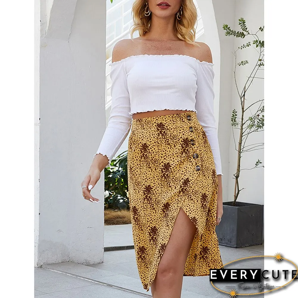 Yellow Floral Print Split Front Wrap Skirt