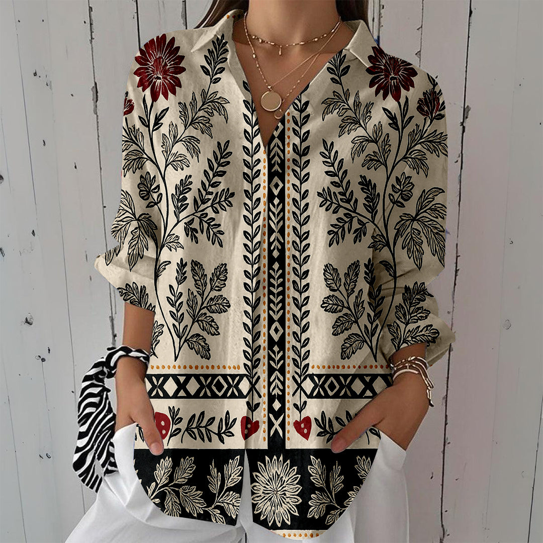 Women Long Sleeve V-neck Graphic Floral Printed Top