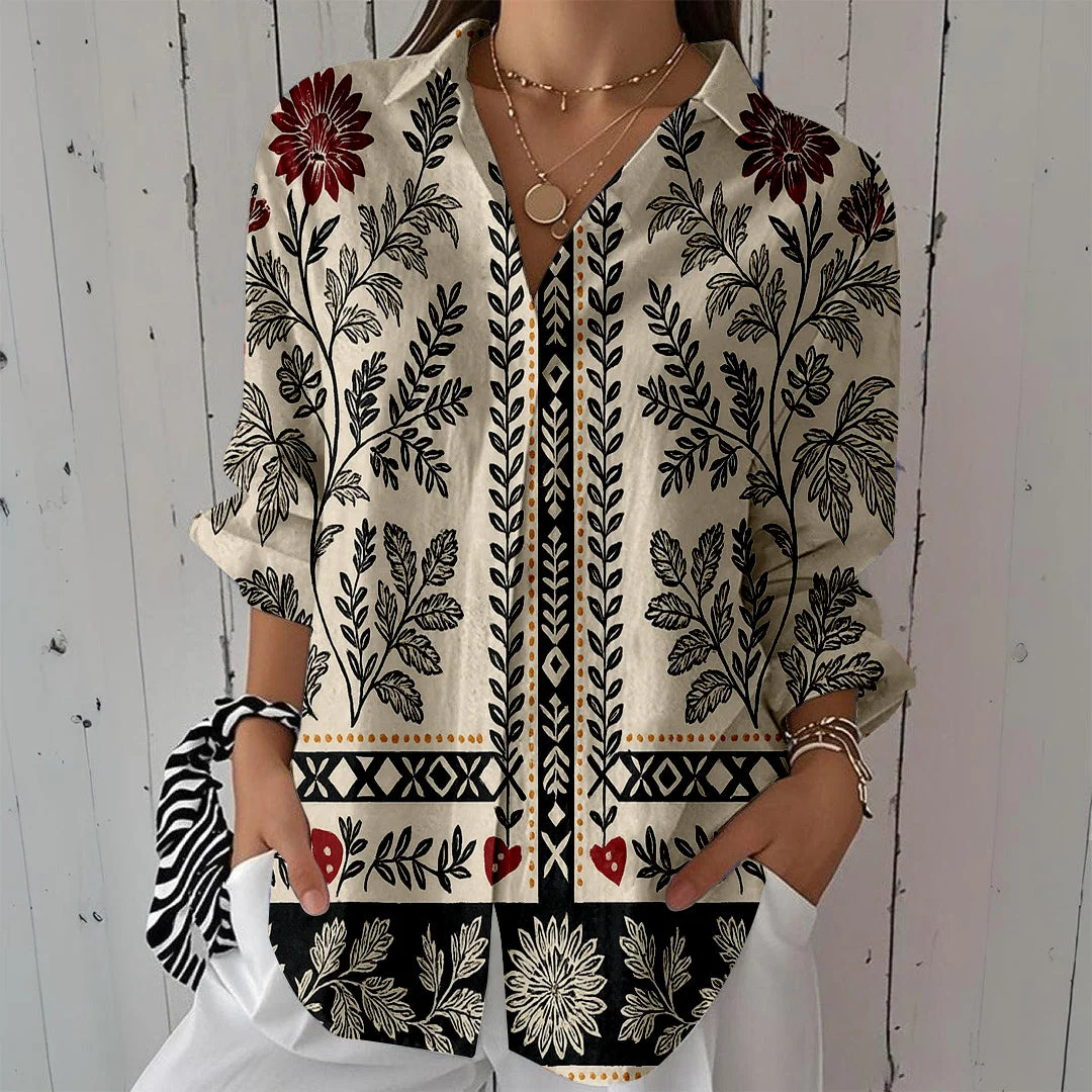 Style & Comfort for Mature Women Women Tropical, Black, Red DZCL0100 3/4 Sleeve Shirt Collar Printed Button Tops