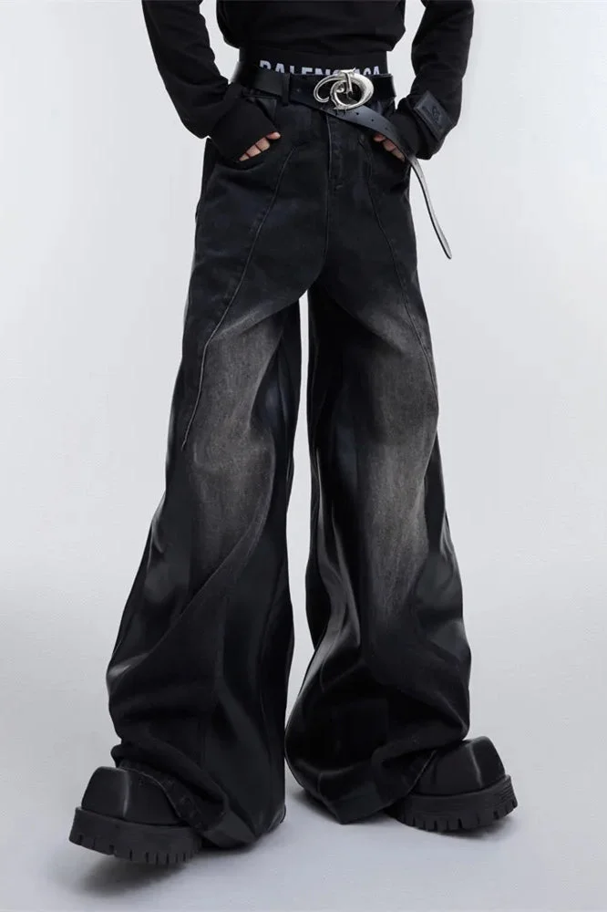 Wide Leg PU Leather Patchwork Jeans