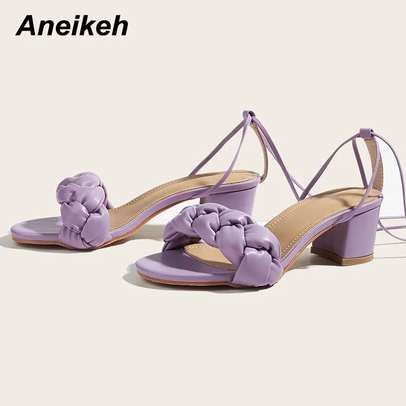Aneikeh Sweet Women Shoes PU Fashion Sexy Square Heels Sandals 2021 Summer Elegant Party Cross-Tied Gladiator Lace-Up Checkered