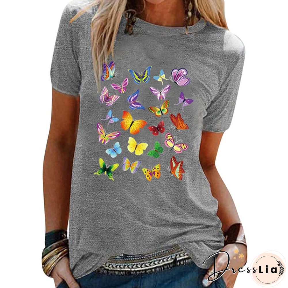 Colorful Butterfly Printed Female T Shirt Summer Fashion Short Sleeve Women T Shirts Round Neck Top Tees