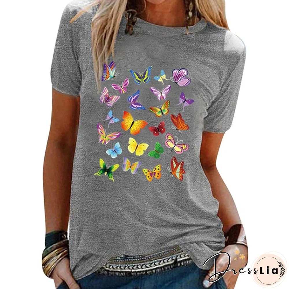 Colorful Butterfly Printed Female T Shirt Summer Fashion Short Sleeve Women T Shirts Round Neck Top Tees