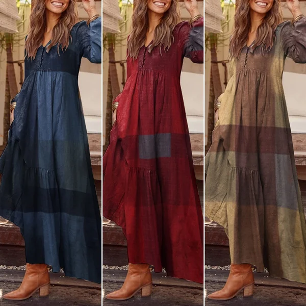 Zanzea Women Long Sleeve V-Neck Printed Kaftan Puff Sleeve Casual Loose Long Maxi Dresses Plus Size