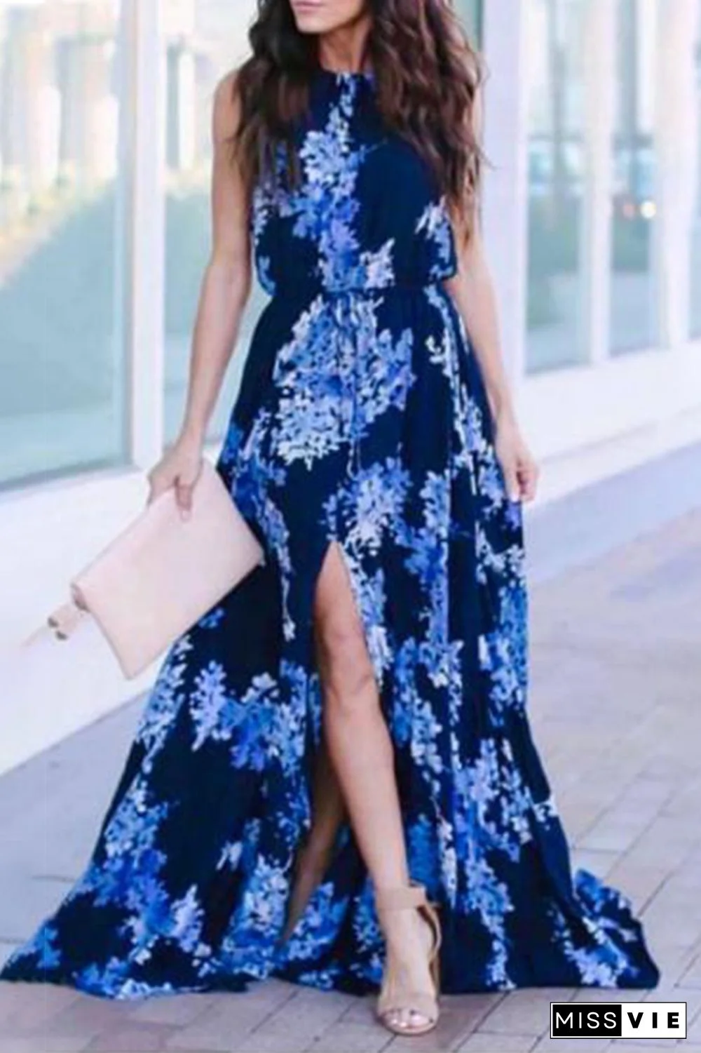 Elegant Floral Frenulum High Opening Halter A Line Dresses(3 Colors)