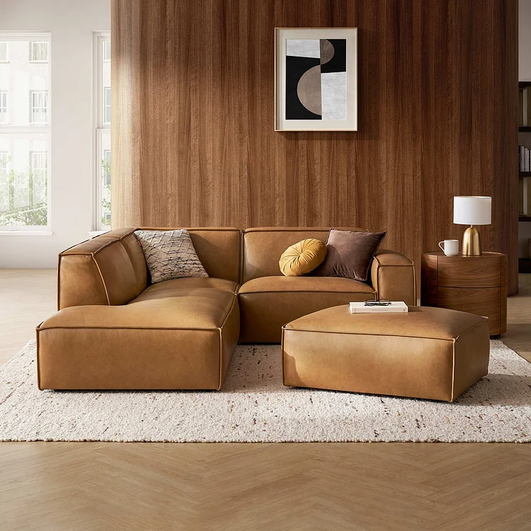 Jonathan Leather Side Chaise Sectional Sofa with Ottoman