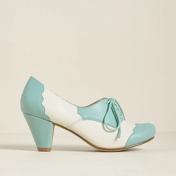 White and Mint Vintage Lace-Up Chunky Heel Oxford Heels Vdcoo