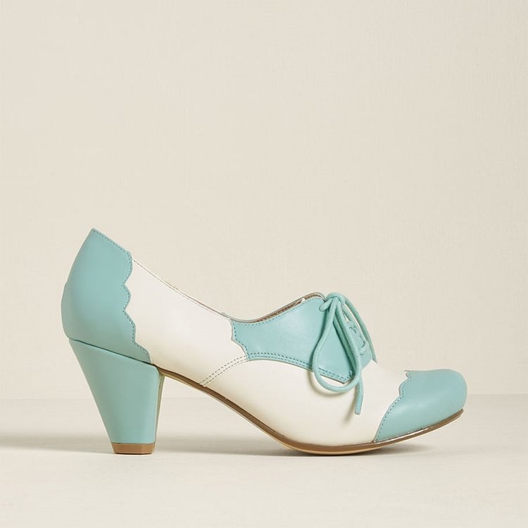 White and Mint Oxford Heels Lace up Chunky Heel Vintage Shoes |FSJ Shoes