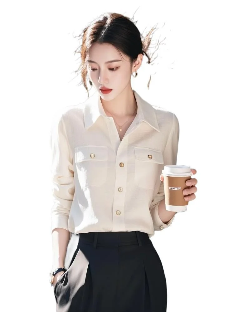 Athvotar Athvotar Light Luxury Polo Collar Long-Sleeved White Shirt Lady Design Spring And Autumn Unique Special Beautiful Shirt Top