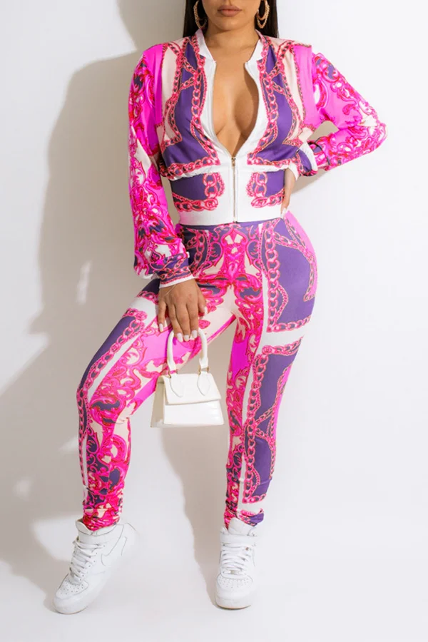 Chain Print Zipper Pants Set
