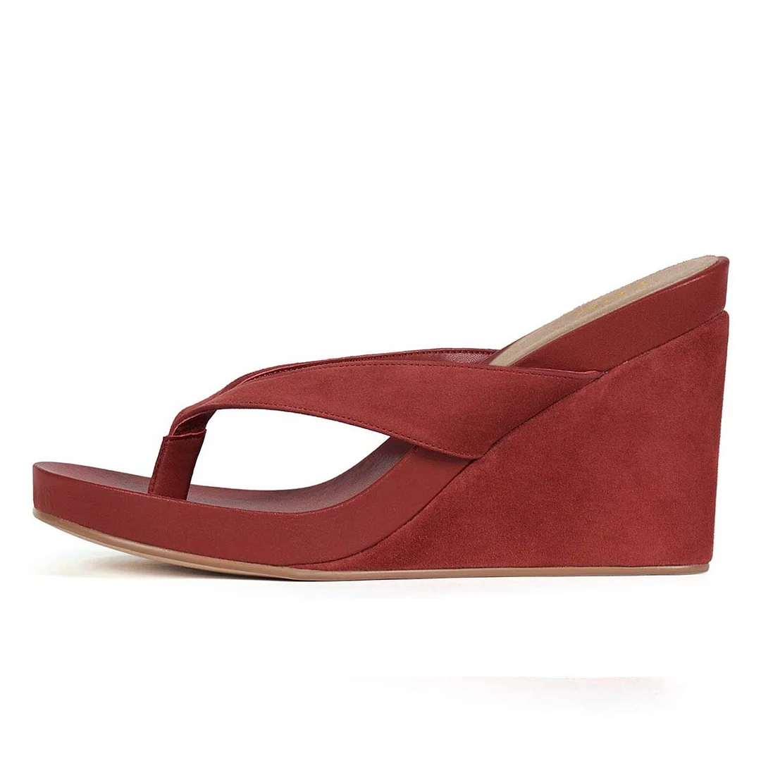 YDN Red Low Platform Open Toe Flip Flop Wedge Sandals for Women