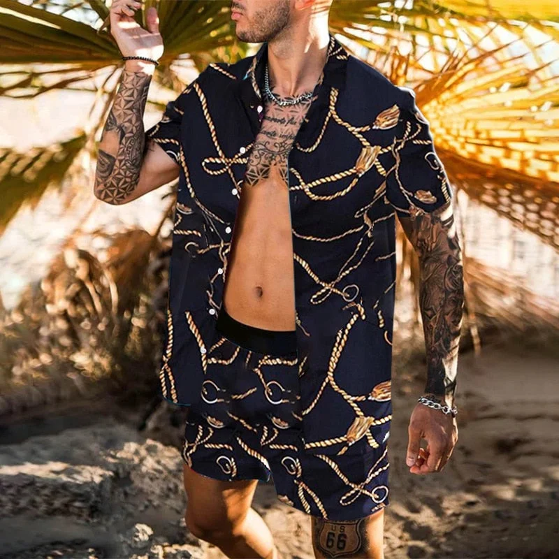 Printing National Style Hawaiian Mens Short Sleeve Set Summer Casual Floral Shirt Beach Two Piece Suit 2021 New Fashion Men Sets