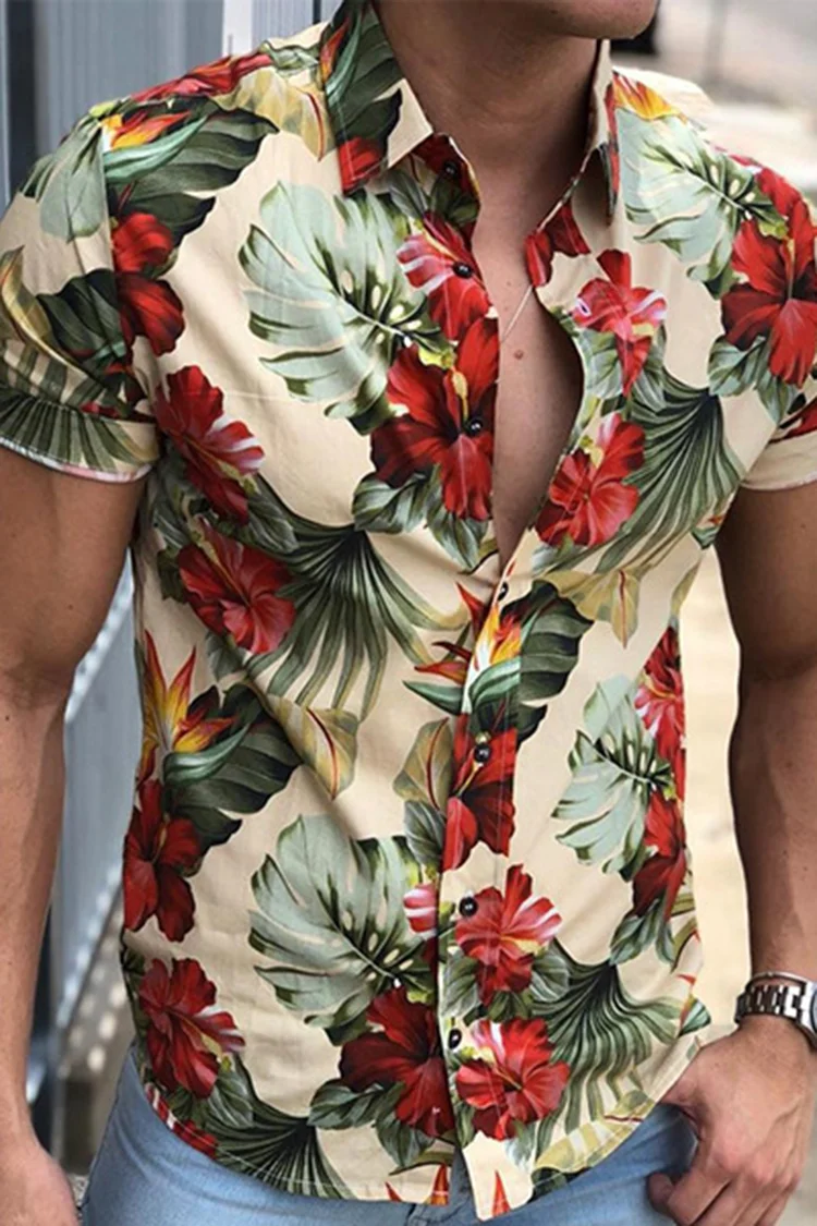 Tiboyz Fashion Men's Floral Print Short Sleeve Shirt