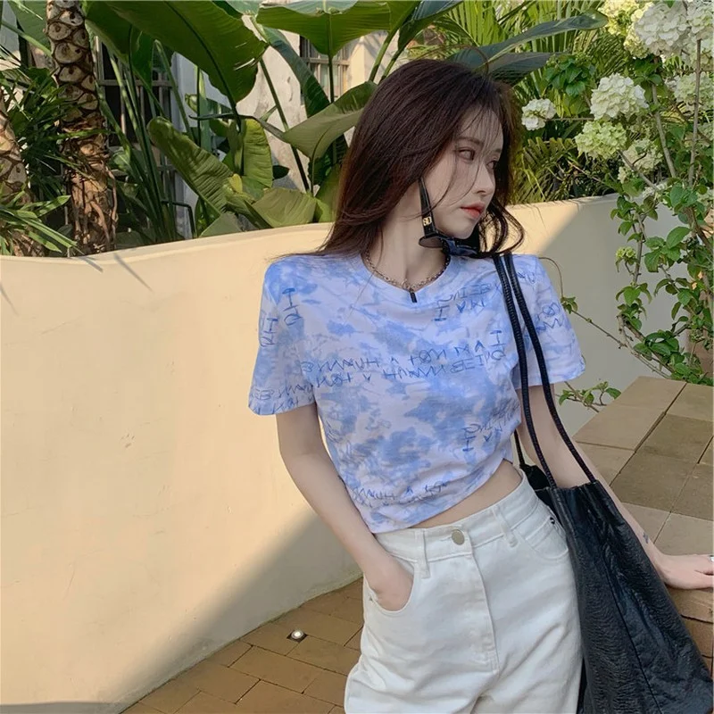 Brownm Brownm Celebrity Tie-Dye Short-Sleeved T-Shirt Women Loose Summer 2024 New Korean Version High Waist Crop Short Clothes Women