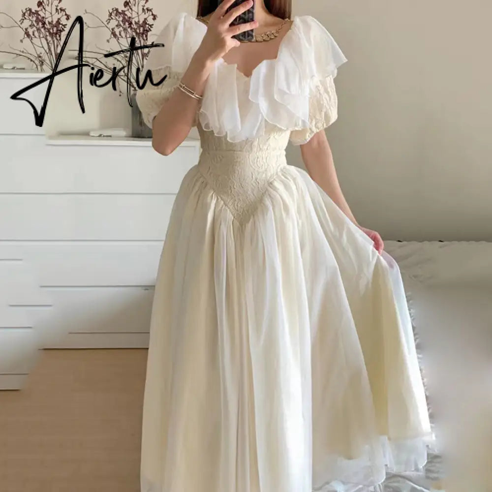 Summer Romantic Fairy Dress Woman Chic Vintage Lace Puff Sleeve Ruffles V-Neck Soft Princess Dresses Party Night Vestido Festa Aiertu