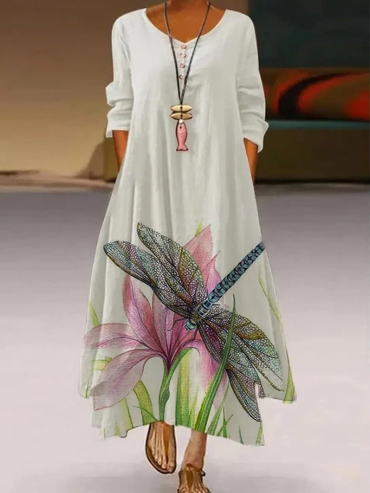 Floral And Dragonfly Printed Round Neck Long Sleeve Dress