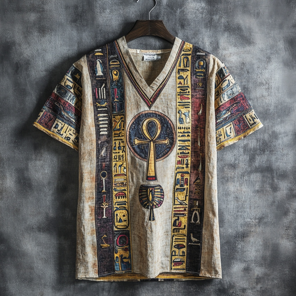 Egyptian Ankh Art Men's Vintage Linen V-neck T-shirt