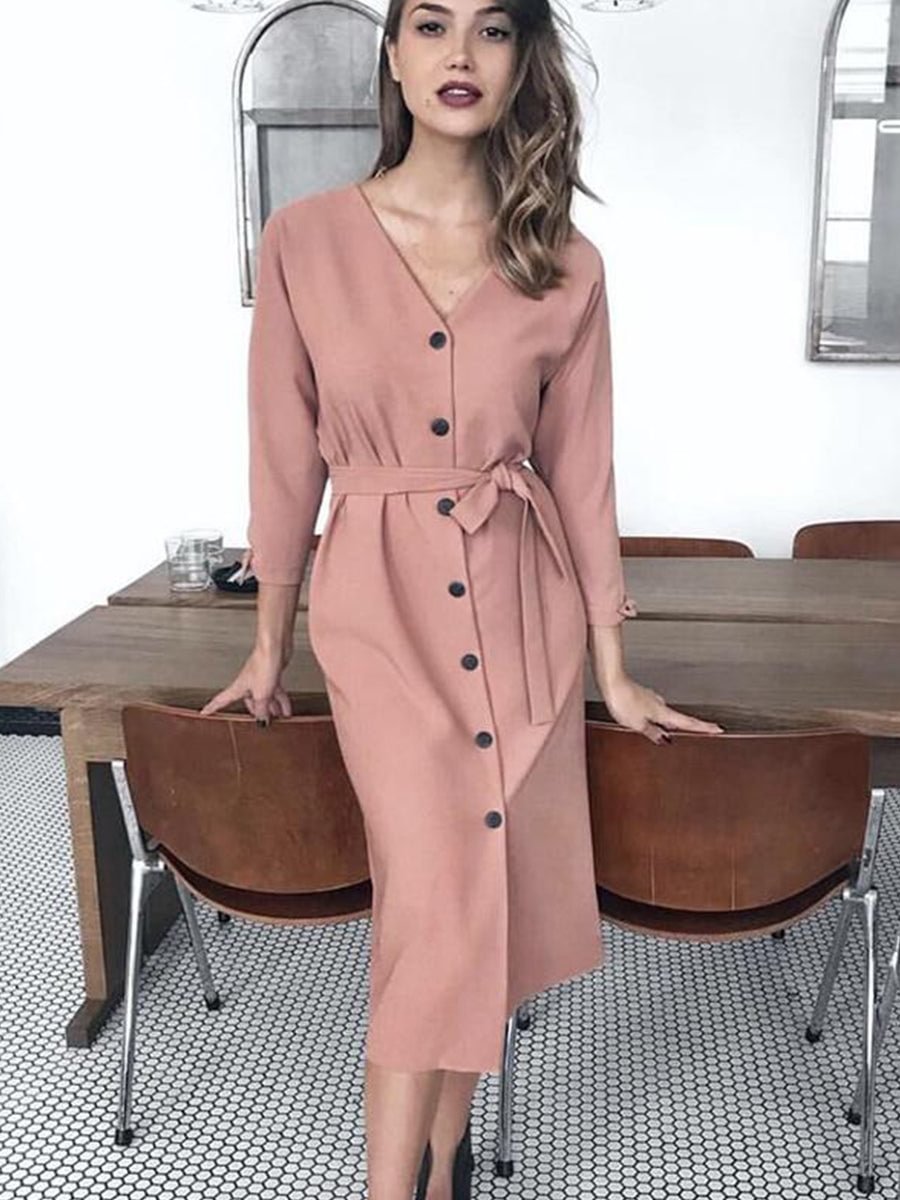 Vintage Long Sleeve Sashes Button Dress