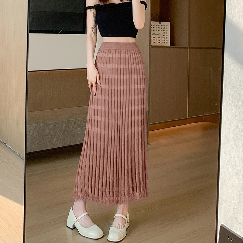 Korytires costume ideas women Spring Summer Knitted Pencil Skirt Women High Stretch Midi Slim Skirts Woman Hollow Out Pleated Skirt with Linning