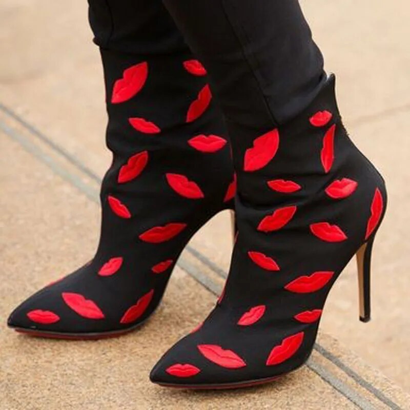VCSHOES Red Lips Machine Embroidery Ankle Boots Women Street Pointed Toe Stiletto High Heels Short Bottines Shoes