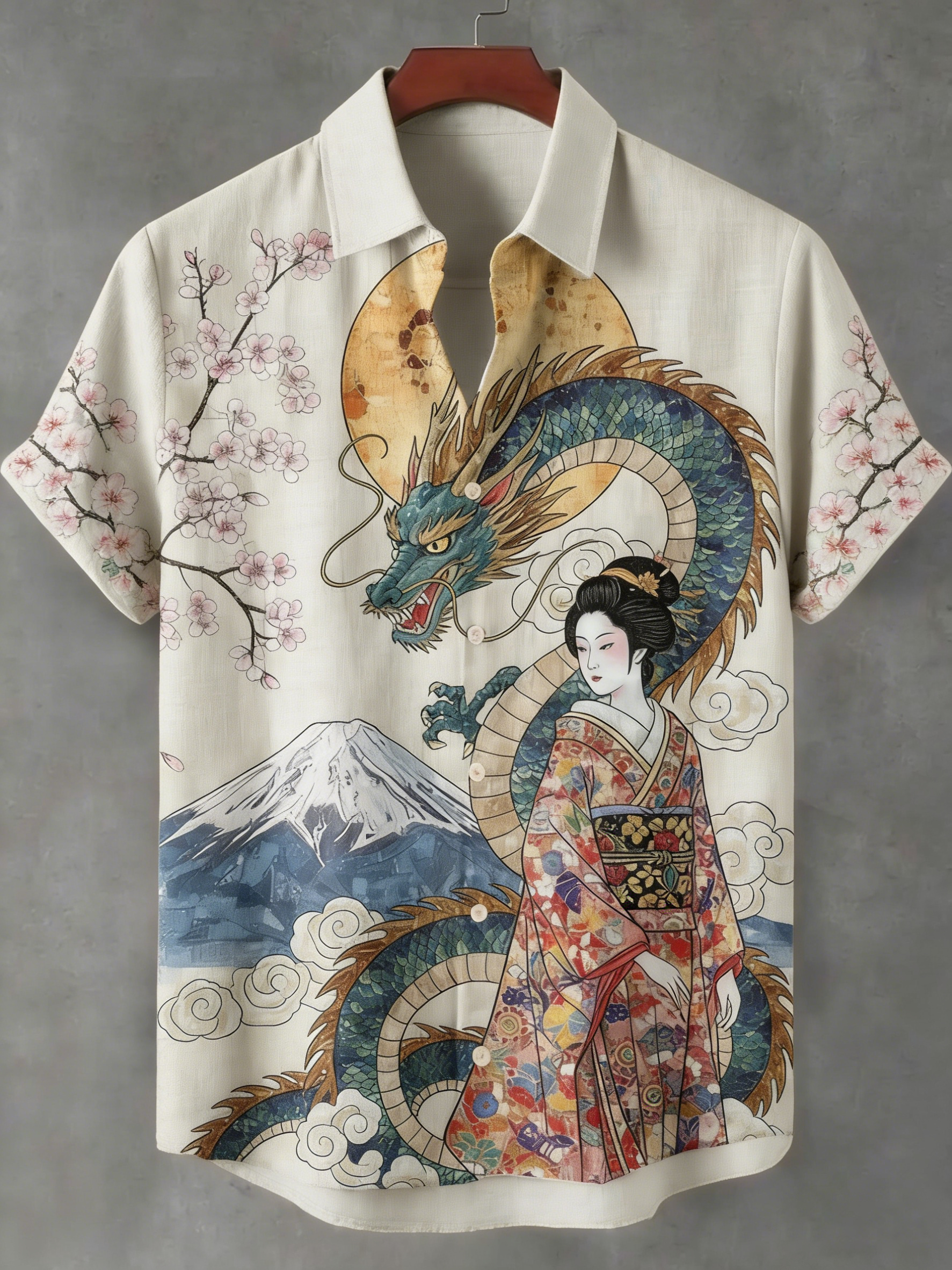 Vintage Elegant Japanese Geisha With Dragon Art Printed Short-sleeve Shirt elevenforest
