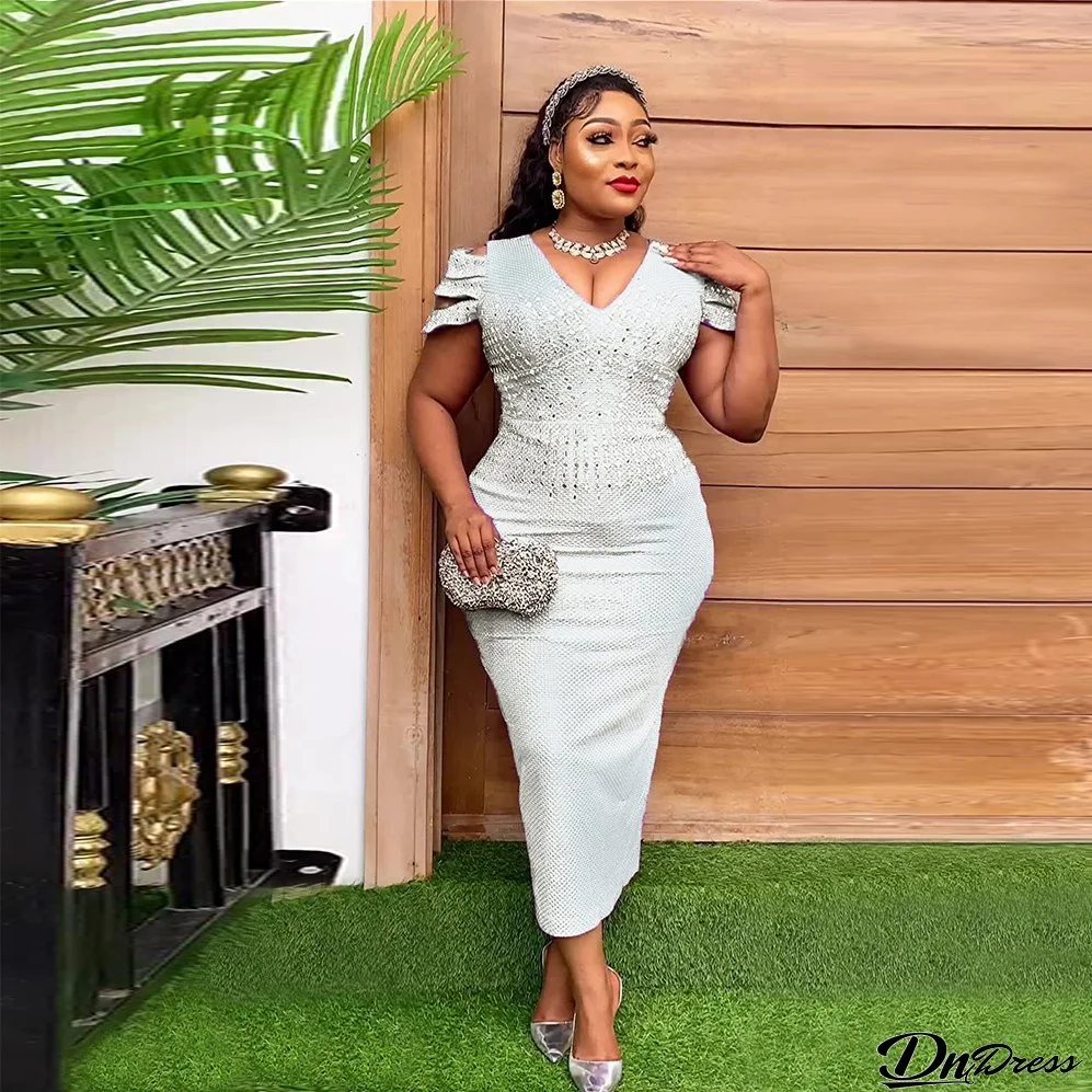 V Neck Sexy Formal Party Dress African Plus Size Women's Beaded Dress