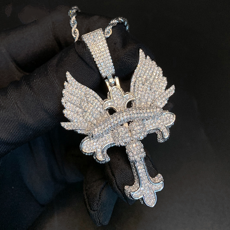 Bling Hip Hop Cross Angel Wings Iced Out Pendant Necklace-VESSFUL