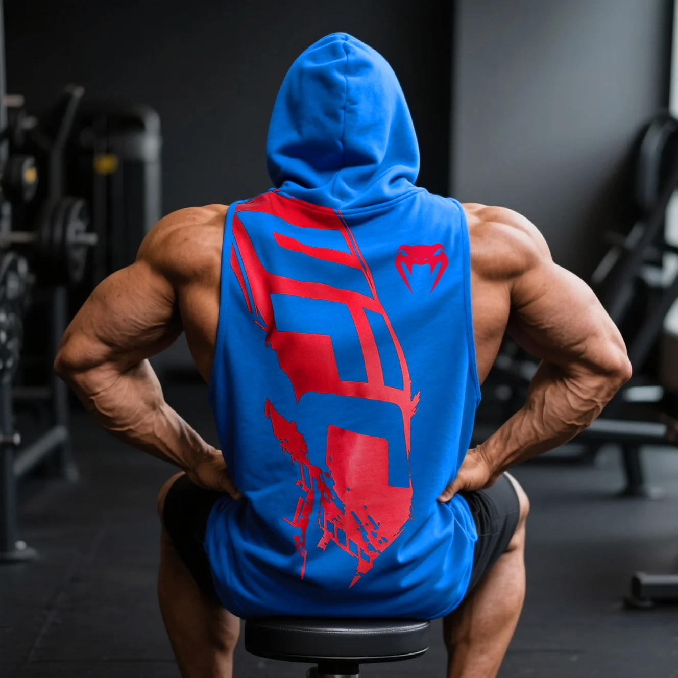  Blue Hooded Sleeveless Gym Top with Bold Red Graphic Design
