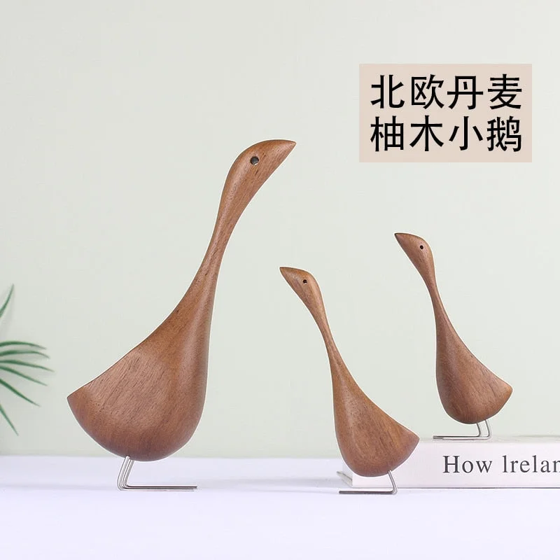 Scandinavian Denmark Solid Wood Goose Arrangement Log Carving Creative Teak Carving Animal Home Cabinet Table Decoration