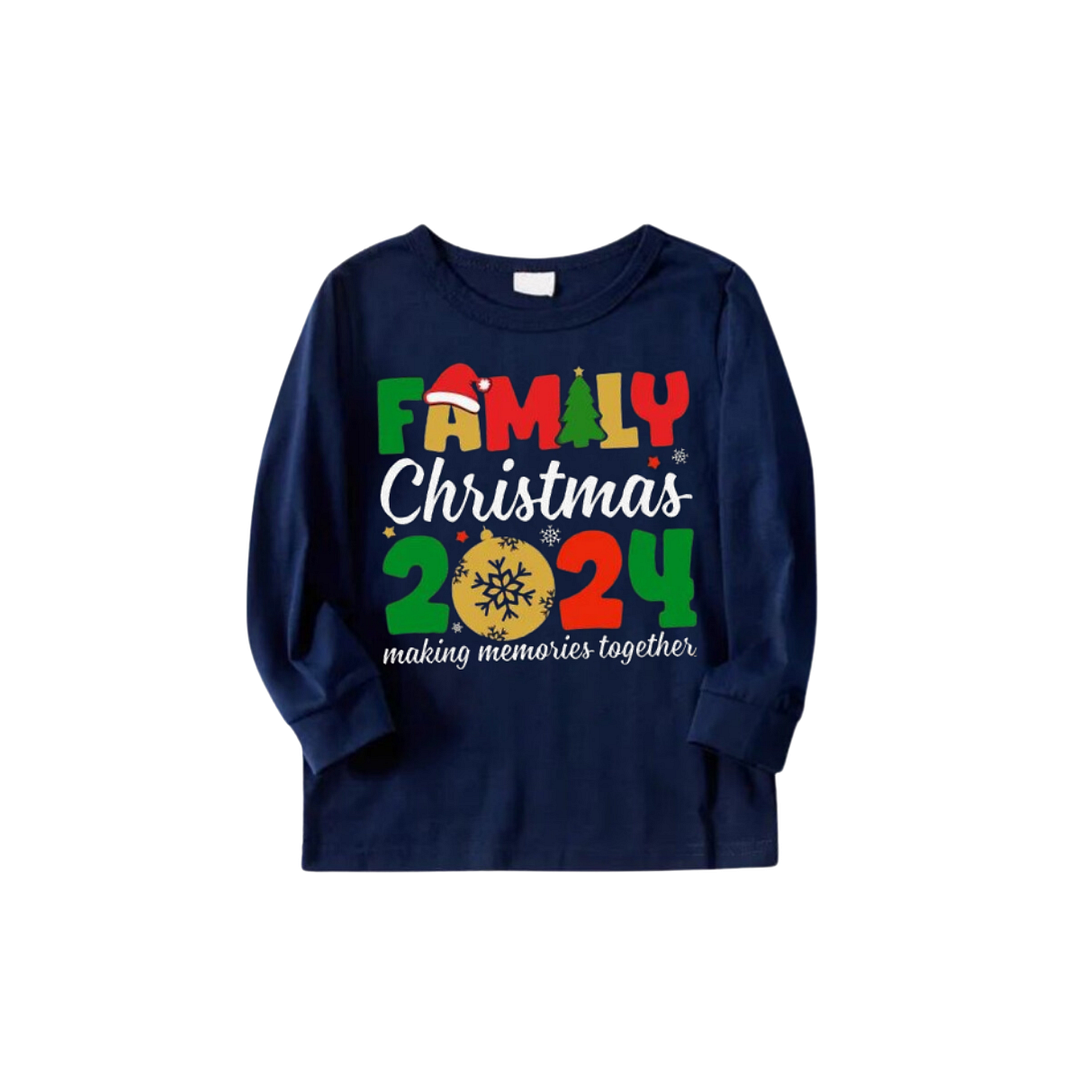 "Family Christmas 2024" Cute Text and Santa Hat Prints Blue Long Sleeves Top with Red and Blue Plaid Pants Christmas Matching Pajamas