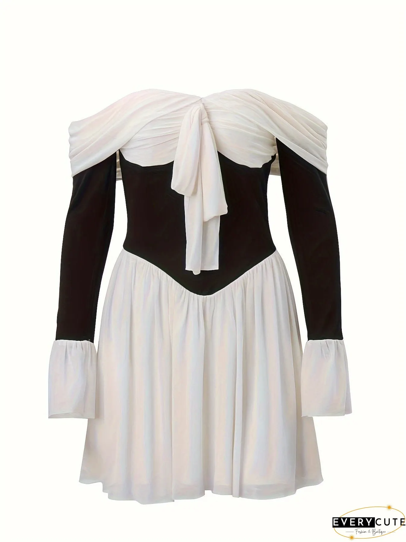Asymmetrical Color Block Mini Dress, Elegant Long Sleeve Dress For Party & Club, Women's Clothing