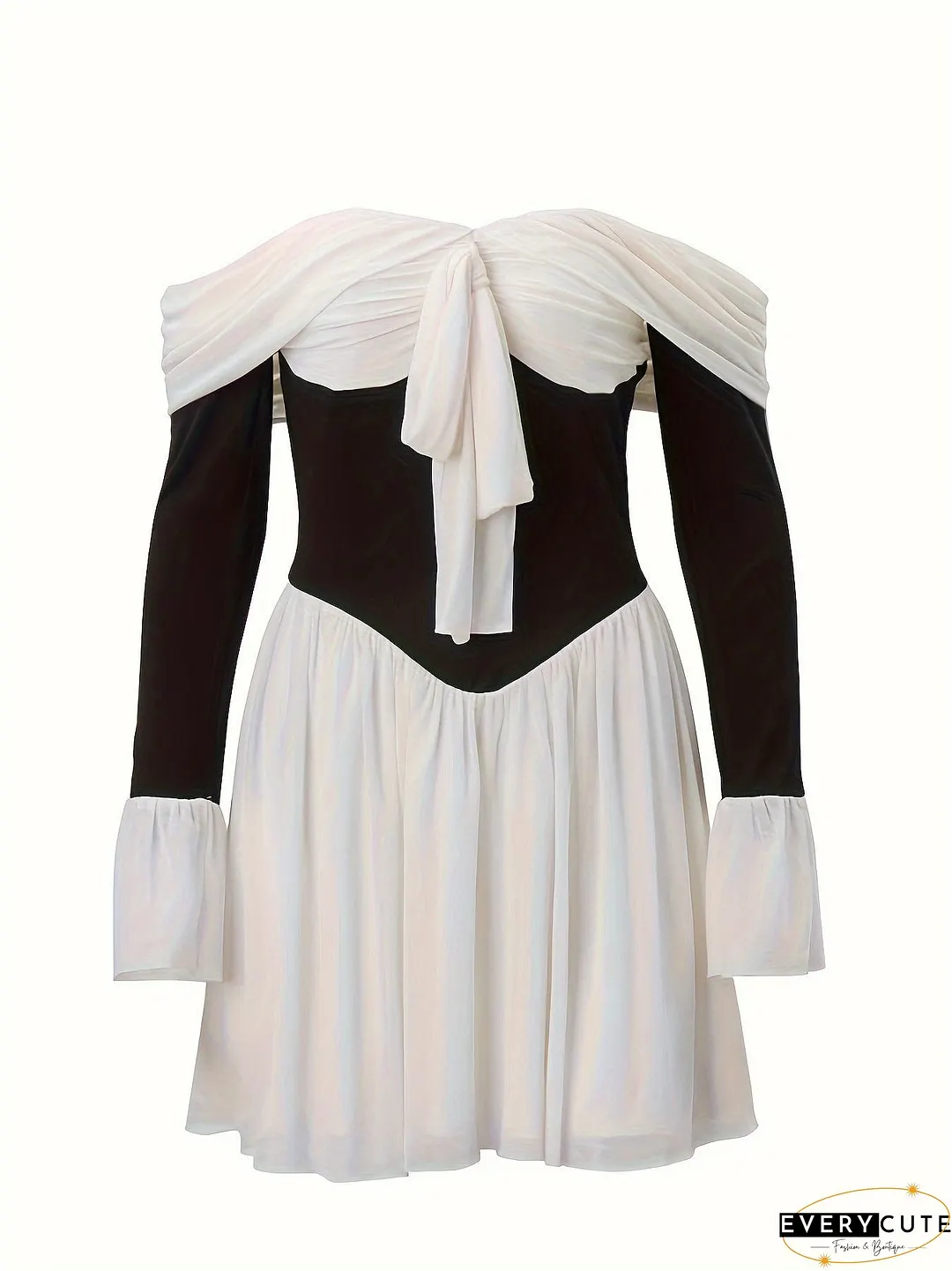 Asymmetrical Color Block Mini Dress, Elegant Long Sleeve Dress For Party & Club, Women's Clothing