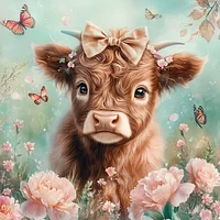 Adorable Highland Calf with Flowers - Diamond Painting