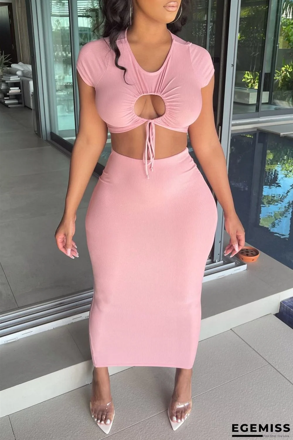 Pink Fashion Sexy Solid Hollowed Out Strap Design O Neck Short Sleeve Two Pieces | EGEMISS