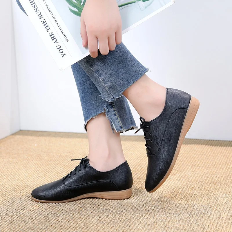 2021 Spring Women Oxford Shoes Ballerina Flats Shoes Women Genuine Leather Shoes Moccasins Lace Up Loafers White Shoes