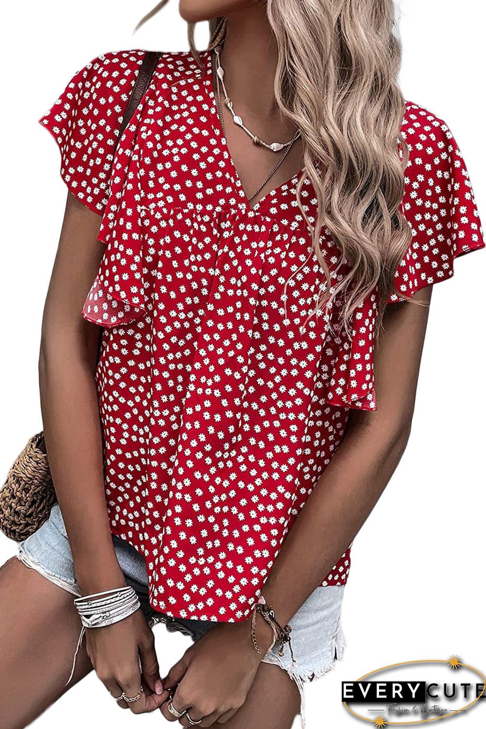 Red Floral Print Ruffle Sleeve Blouse