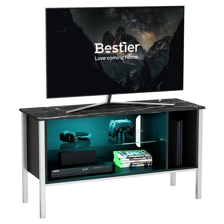 Bestier TV Stand for 50 inch TV, Gaming Entertainment Center with LED Light, Modern TV Media Console with Storage & Glass Shelves, Rustic Brown