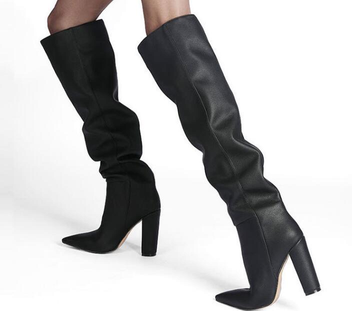 VCSHOES Woman Black Yellow Red Leather Pleated Knee High Boots Pointed Toe 11 Cm Chunky Heels Tube Long Boots Lady
