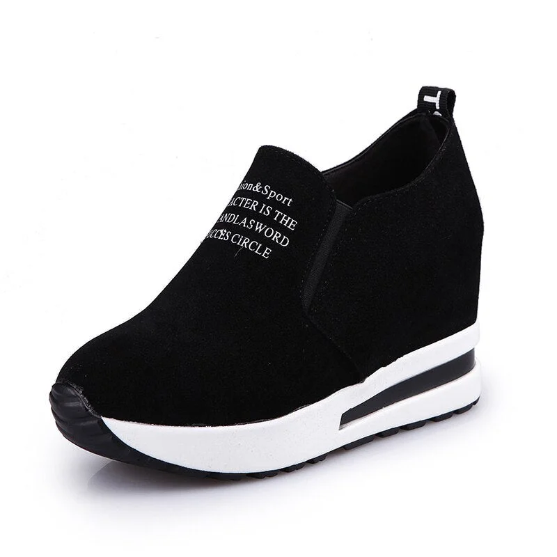 Casual Black Women Sneakers New Flock Increasing Shoes High Heels Lady Leisure Platform Shoes Slip-On Breathable Height Sneakers